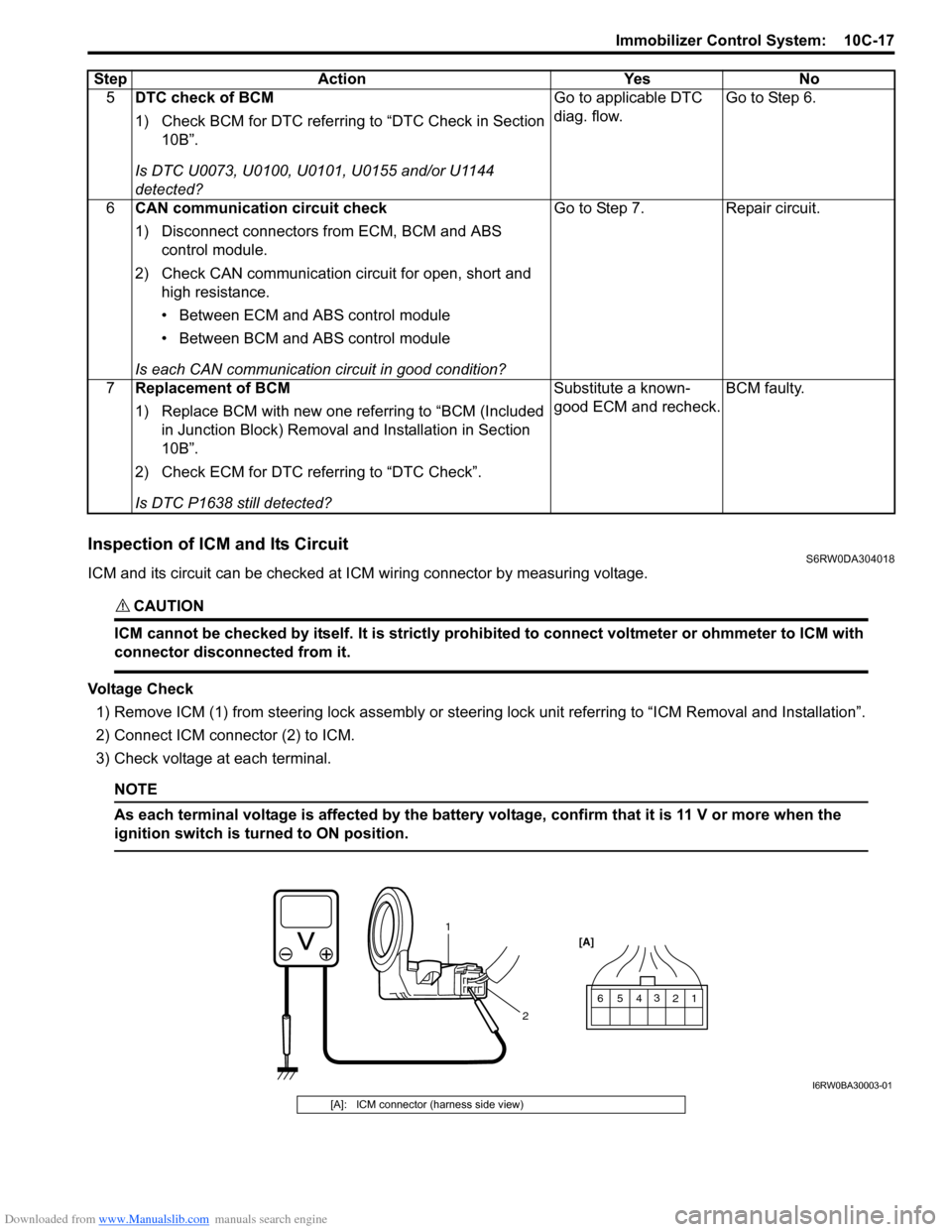 SUZUKI SX4 2006 1.G Service Workshop Manual Downloaded from www.Manualslib.com manuals search engine Immobilizer Control System:  10C-17
Inspection of ICM and Its CircuitS6RW0DA304018
ICM and its circuit can be checked at ICM wiring connector b
