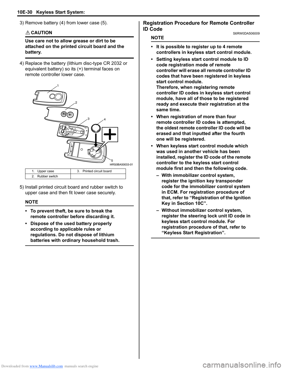 SUZUKI SX4 2006 1.G Service Workshop Manual Downloaded from www.Manualslib.com manuals search engine 10E-30 Keyless Start System: 
3) Remove battery (4) from lower case (5).
CAUTION! 
Use care not to allow grease or dirt to be 
attached on the 