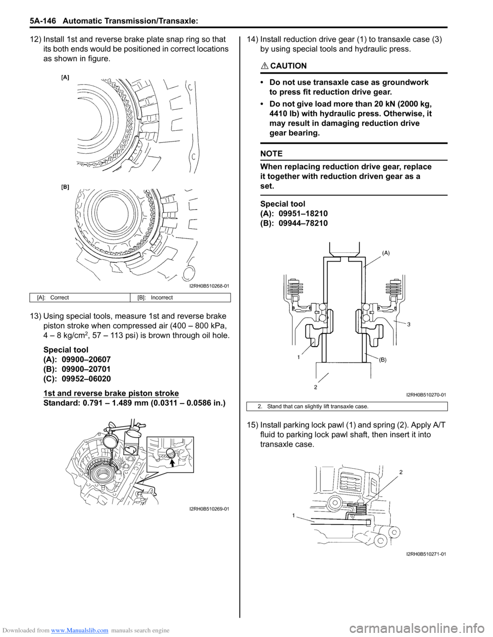 SUZUKI SX4 2006 1.G Service Workshop Manual Downloaded from www.Manualslib.com manuals search engine 5A-146 Automatic Transmission/Transaxle: 
12) Install 1st and reverse brake plate snap ring so that 
its both ends would be positioned in corre