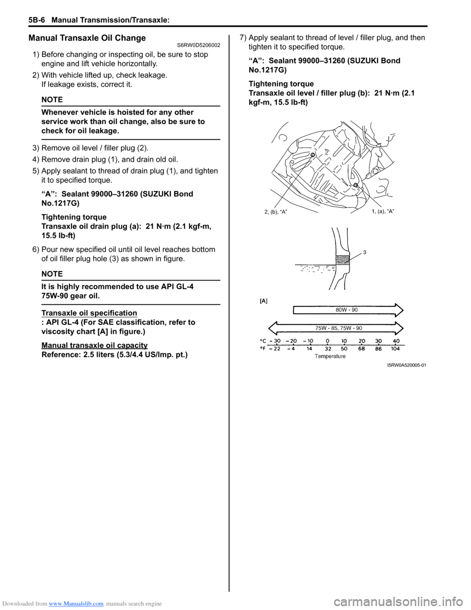 SUZUKI SX4 2006 1.G Service Workshop Manual Downloaded from www.Manualslib.com manuals search engine 5B-6 Manual Transmission/Transaxle:
Manual Transaxle Oil ChangeS6RW0D5206002
1) Before changing or inspecting oil, be sure to stop
engine and SUZUKI SX4 2006 1.G Service Workshop Manual Downloaded from www.Manualslib.com manuals search engine 5B-6 Manual Transmission/Transaxle:
Manual Transaxle Oil ChangeS6RW0D5206002
1) Before changing or inspecting oil, be sure to stop
engine and