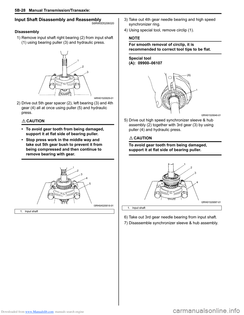 SUZUKI SX4 2006 1.G Service Workshop Manual Downloaded from www.Manualslib.com manuals search engine 5B-28 Manual Transmission/Transaxle: 
Input Shaft Disassembly and ReassemblyS6RW0D5206020
Disassembly
1) Remove input shaft right bearing (2) f