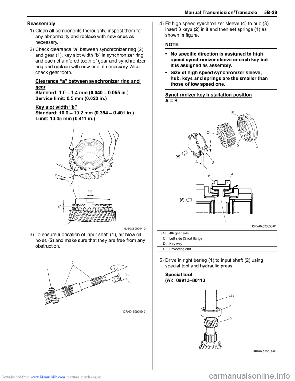SUZUKI SX4 2006 1.G Service Workshop Manual Downloaded from www.Manualslib.com manuals search engine Manual Transmission/Transaxle:  5B-29
Reassembly
1) Clean all components thoroughly, inspect them for 
any abnormality and replace with new one