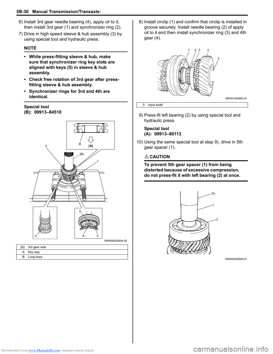 SUZUKI SX4 2006 1.G Service Workshop Manual Downloaded from www.Manualslib.com manuals search engine 5B-30 Manual Transmission/Transaxle: 
6) Install 3rd gear needle bearing (4), apply oil to it, 
then install 3rd gear (1) and synchronizer ring