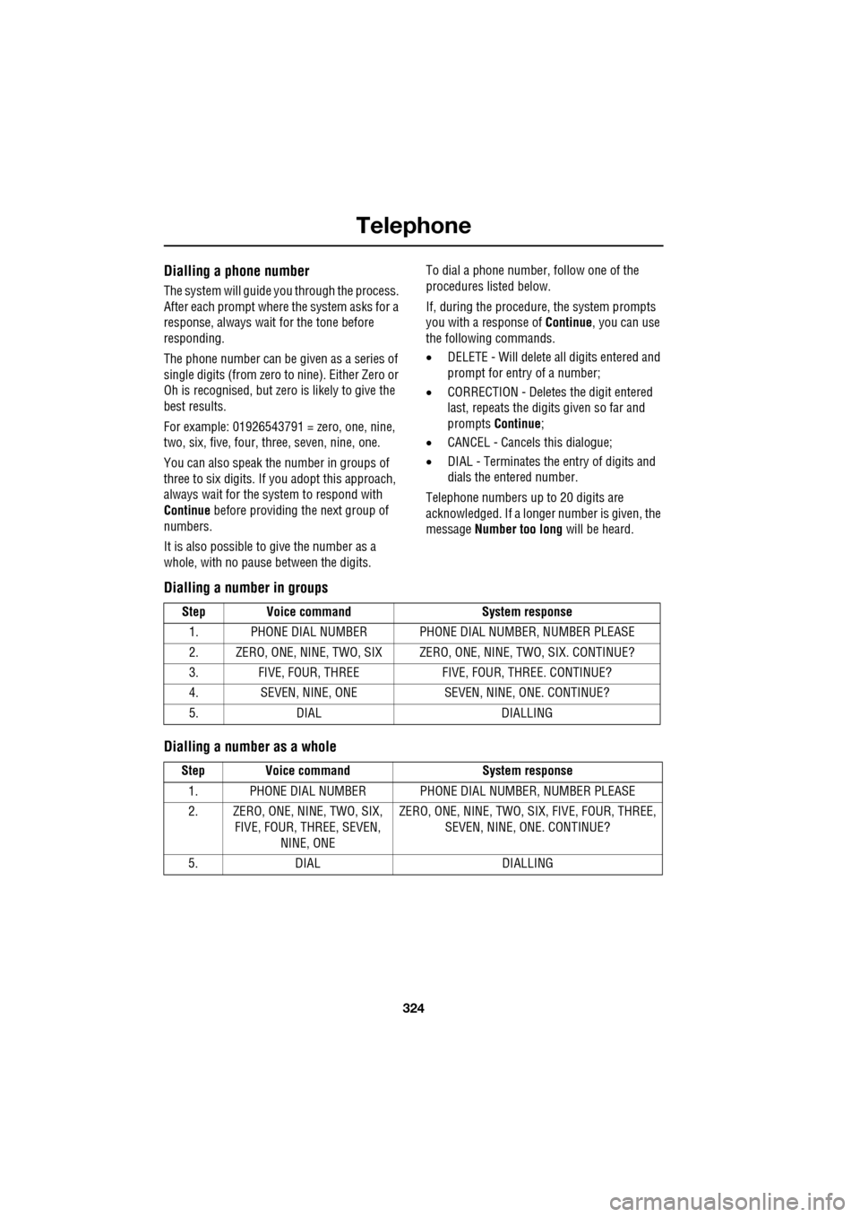 JAGUAR XF 2009 1.G Owners Manual Telephone
324
               
Dialling a phone number
The system will guide you through the process. 
After each prompt where the system asks for a 
response, always wait for the tone before 
respondi