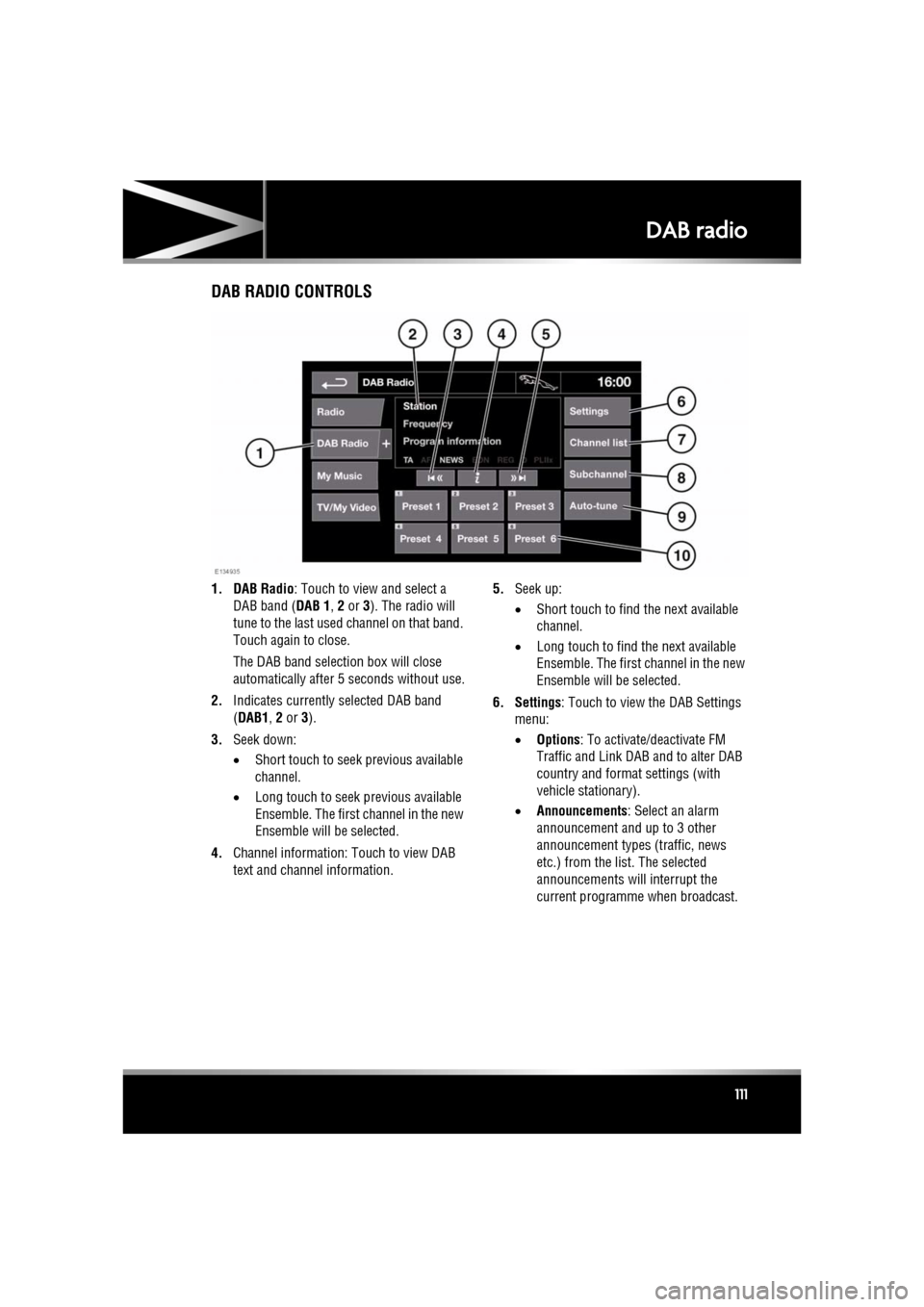 JAGUAR XF 2011 1.G Owners Manual R
(FM8) SEMCON JLR OWNER GUIDE VER 1.00  EURO
LANGUAGE: english-en; MARQUE: jaguar; MODEL: XF
DAB radio
111
DAB radioDAB RADIO CONTROLS
1. DAB Radio : Touch to view and select a 
DAB band ( DAB 1, 2 o