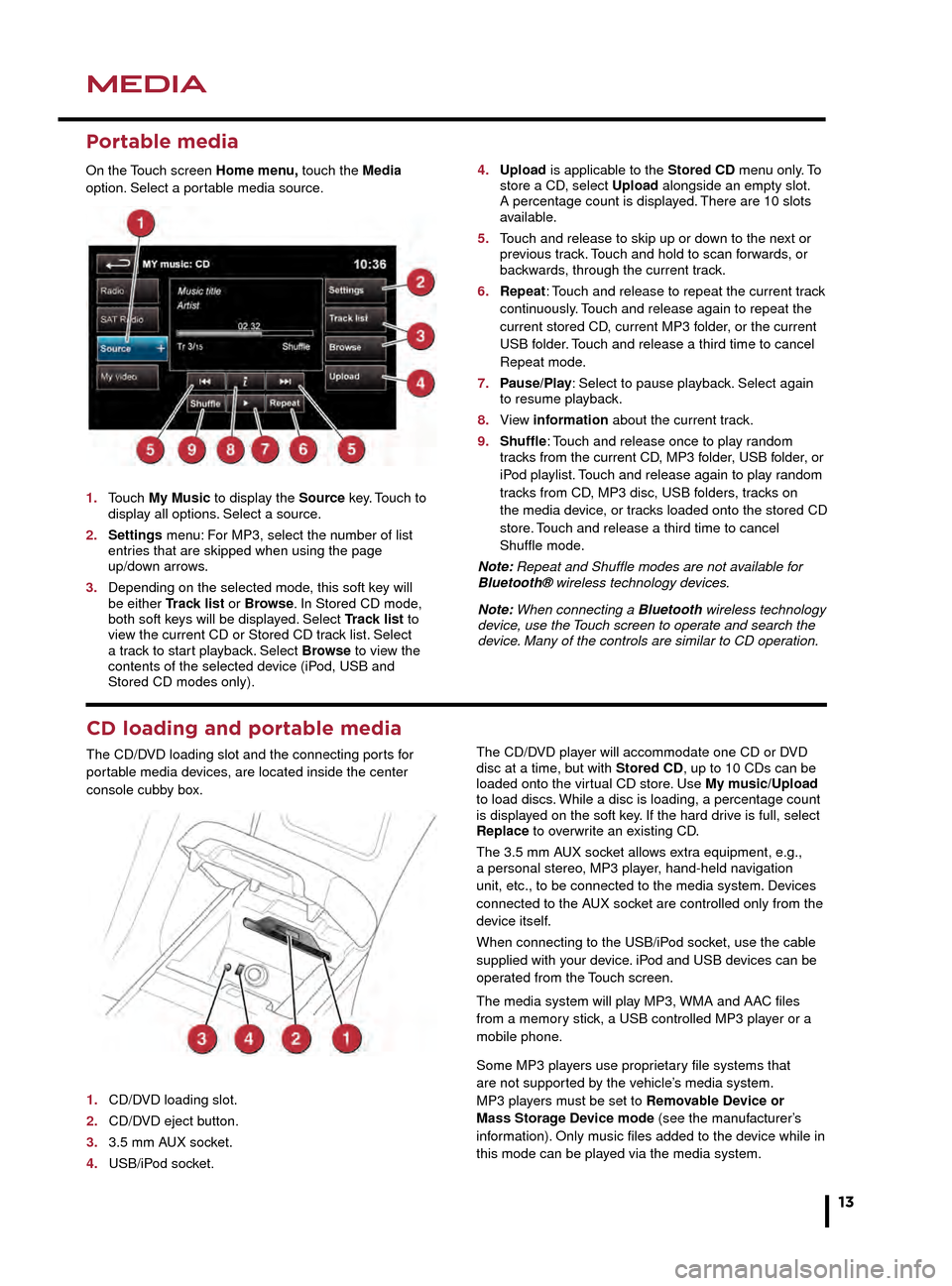 JAGUAR F TYPE 2016 1.G Quick Start Guide MEDIAMEDIA
13
CD loading and portable media
The CD/DVD loading slot and the connecting ports for 
portable media devices, are located inside the center 
console cubby box. 
1. CD/DVD loading slot. 
2.