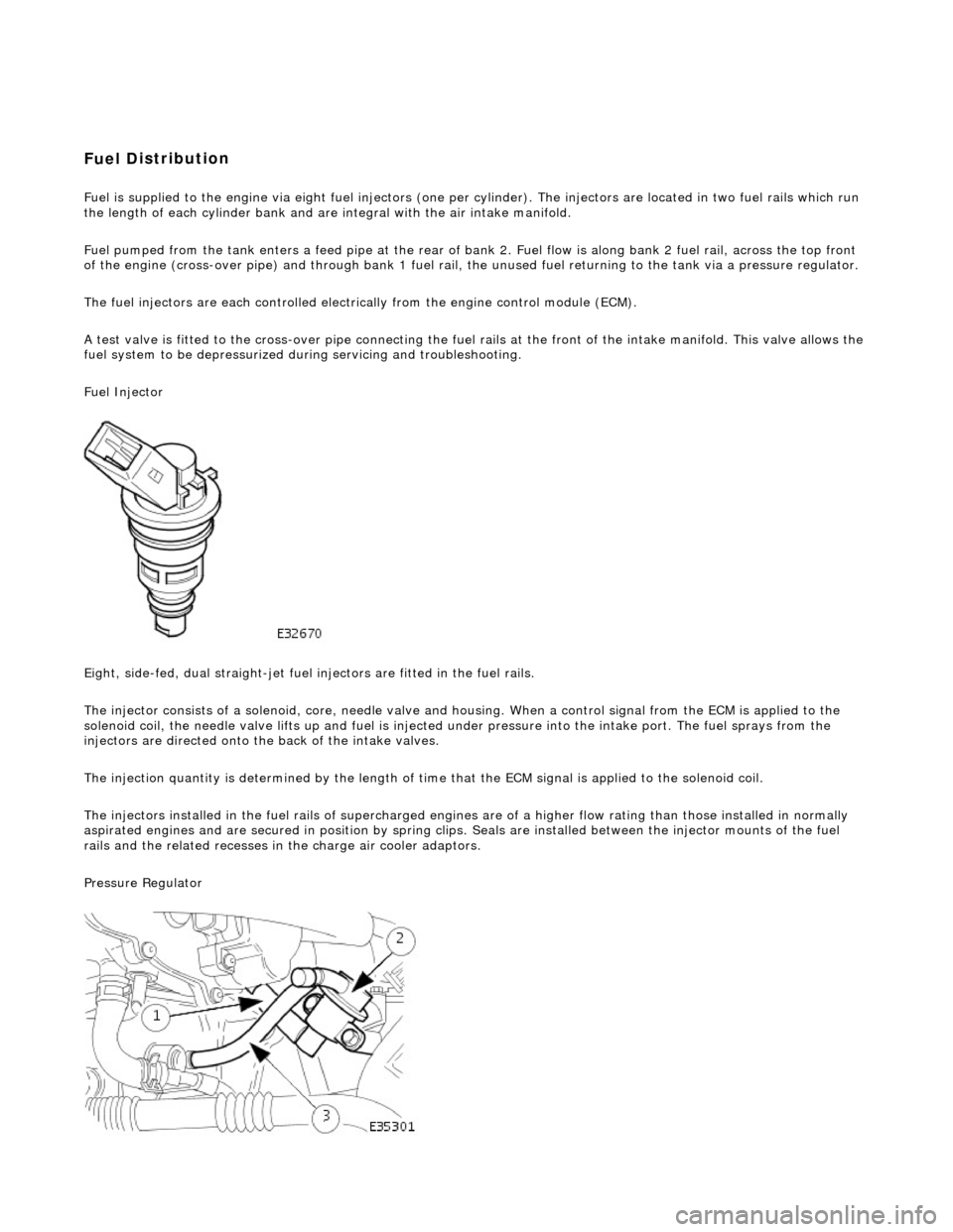 JAGUAR X308 1998 2.G Workshop Manual Fuel D
istribution 
Fuel is supplied to th
 e engine 
via eight fuel injectors (one pe r cylinder). The injectors are located in two fuel rails which r un 
the length of each cylinder bank and ar e in