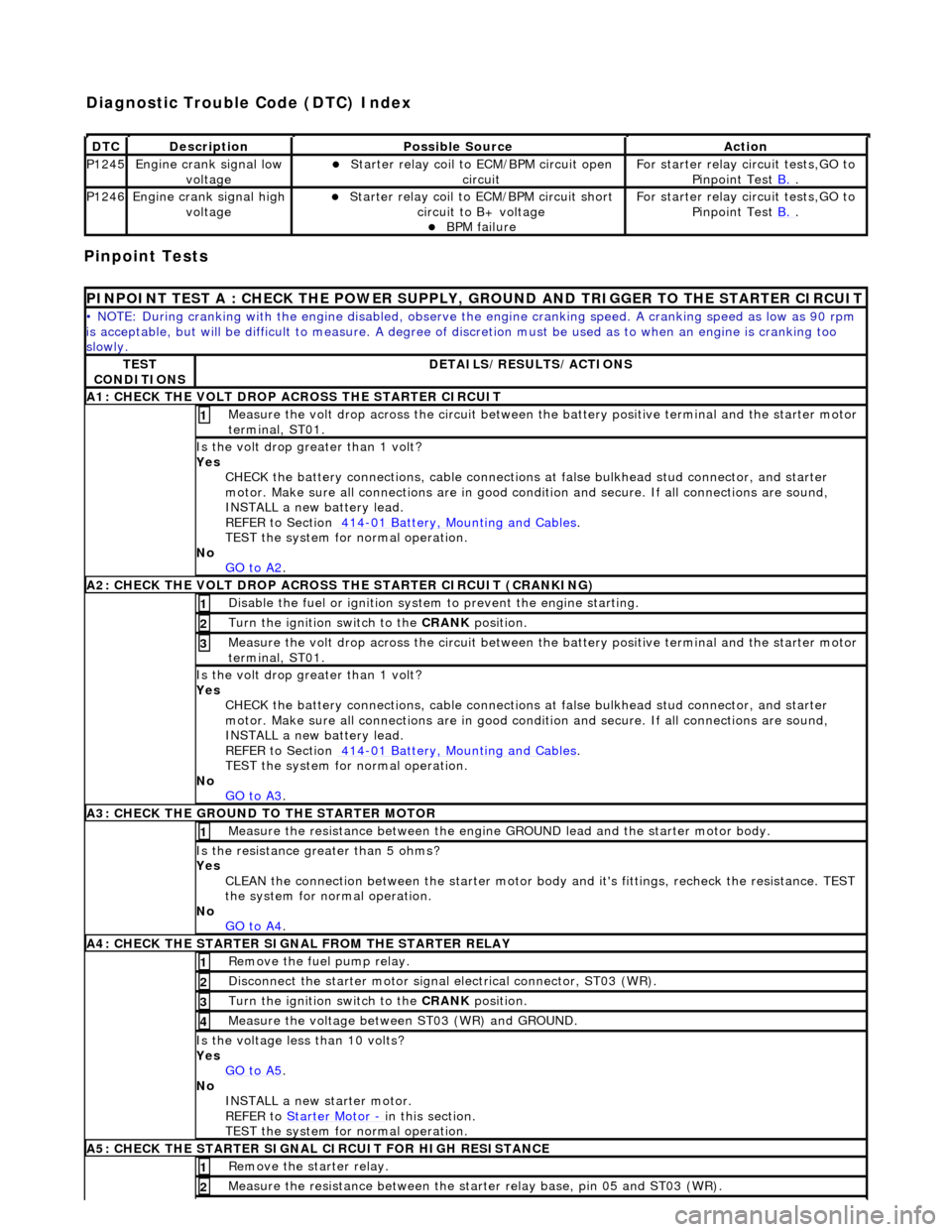JAGUAR X308 1998 2.G Workshop Manual Pinpoint Tests 
DT
C
De
 scription
Possib
 le Source
Acti
 on
P1245Engine 

crank signal low 
voltage
Starter relay 
 coil to 
ECM/BPM circuit open 
circuit  
F
 or starter relay circuit tests,GO t