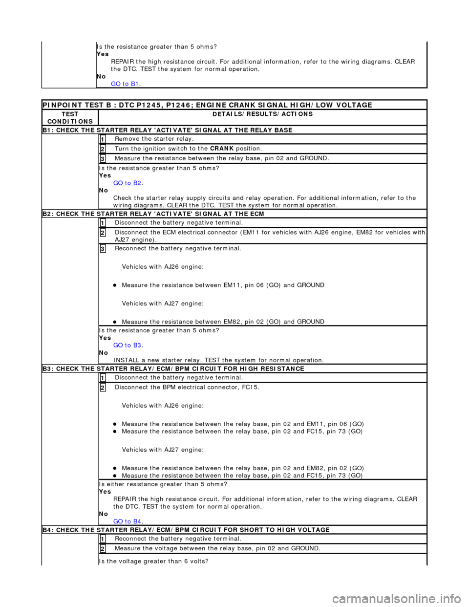 JAGUAR X308 1998 2.G Workshop Manual Is the res
 istance greater than 5 ohms? 
Yes  REPAIR the high resistance circui t. For additional information, refer to the wiring diagrams. CLEAR 
the DTC. TEST the system for normal operation. 
No 