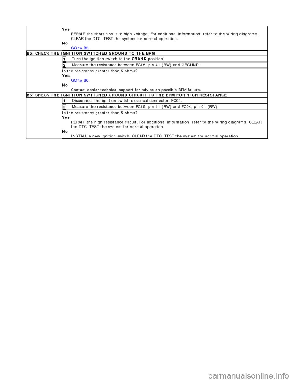 JAGUAR X308 1998 2.G Workshop Manual  
 
Yes
 
REPAIR the short circuit to high voltage. For addi tional information, refer to the wiring diagrams. 
CLEAR the DTC. TEST the syst em for normal operation.  
No  GO to B5
.  
B5: CHECK
  THE