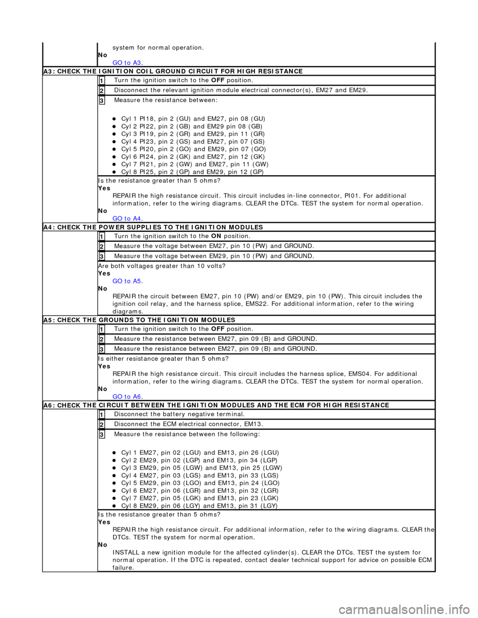 JAGUAR X308 1998 2.G Workshop Manual system fo
r normal operation. 
No  GO to A3
.  
A3
 : CHECK THE IGNITION COIL GROUND CIRCUIT FOR HIGH RESISTANCE
Turn the ignition swi

tch to the OFF
 position. 
1 
Disc
 onnect the relevant ignition