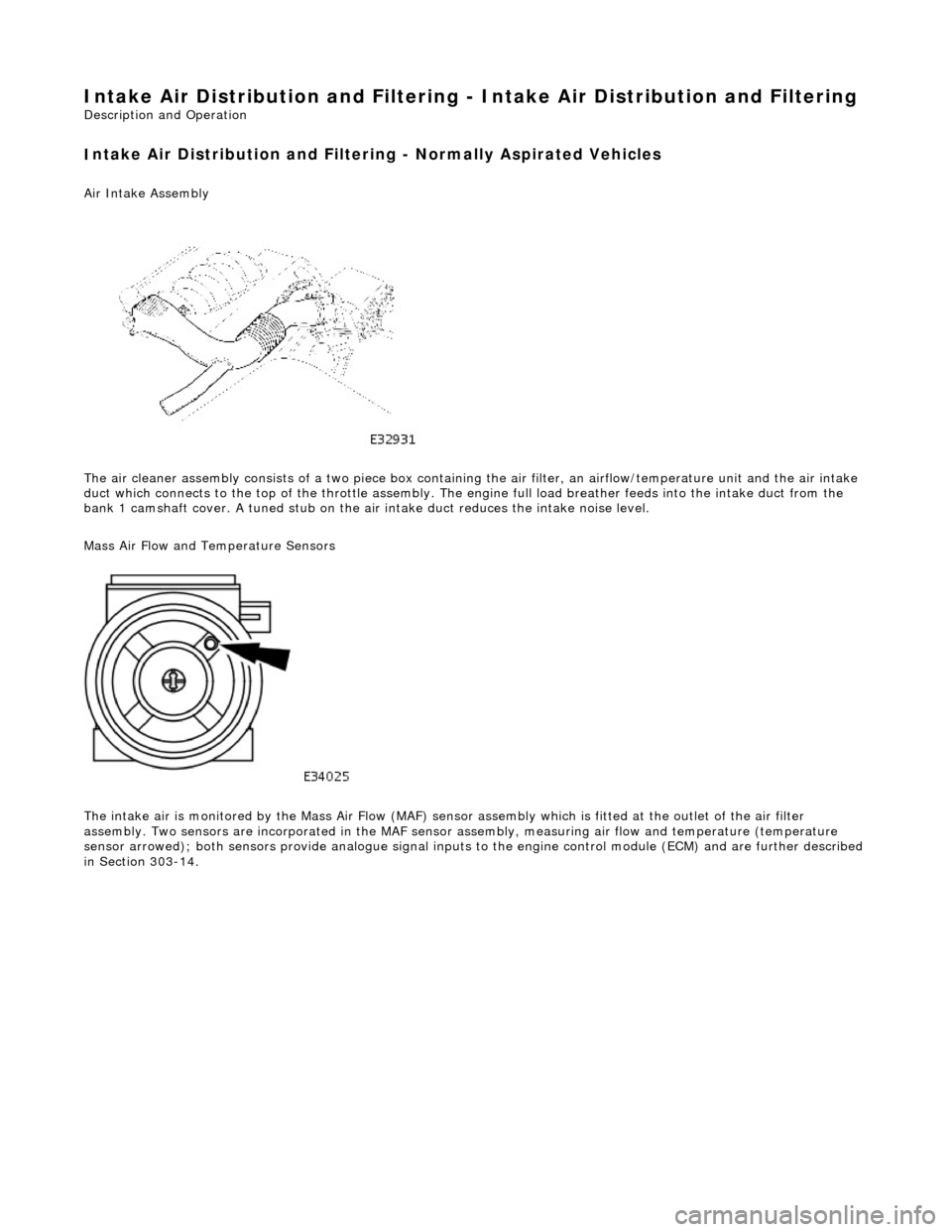 JAGUAR X308 1998 2.G Workshop Manual Intake Air Distribution and Filtering - Intake Air Distribution and Filtering 
Description an
d Operation 
I

ntake Air Distribution and Filtering - Normally Aspirated Vehicles 
Air Intake Asse
 mbly 