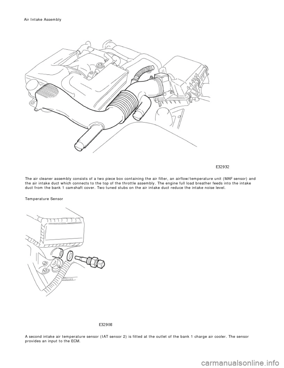 JAGUAR X308 1998 2.G Workshop Manual  
The air cleaner assembl y
  consists of a tw
o piece box containing the ai r filter, an airflow/temperature unit (MAF sensor) and 
the air intake duct which connects to the top of the throttle  asse