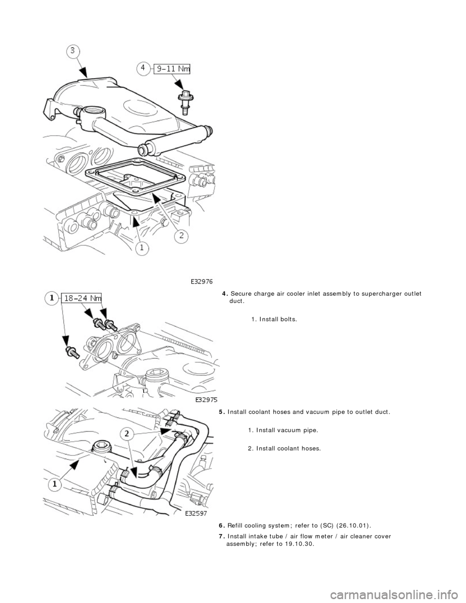 JAGUAR X308 1998 2.G Workshop Manual  
 
4. Secure charge air  cool
 er inlet as
sembly to supercharger outlet 
duct. 
1. Install bolts. 
 
5.  Inst al
 l coolant hoses and vacuum pipe to outlet duct. 
1. Install vacuum pipe. 
2. Install