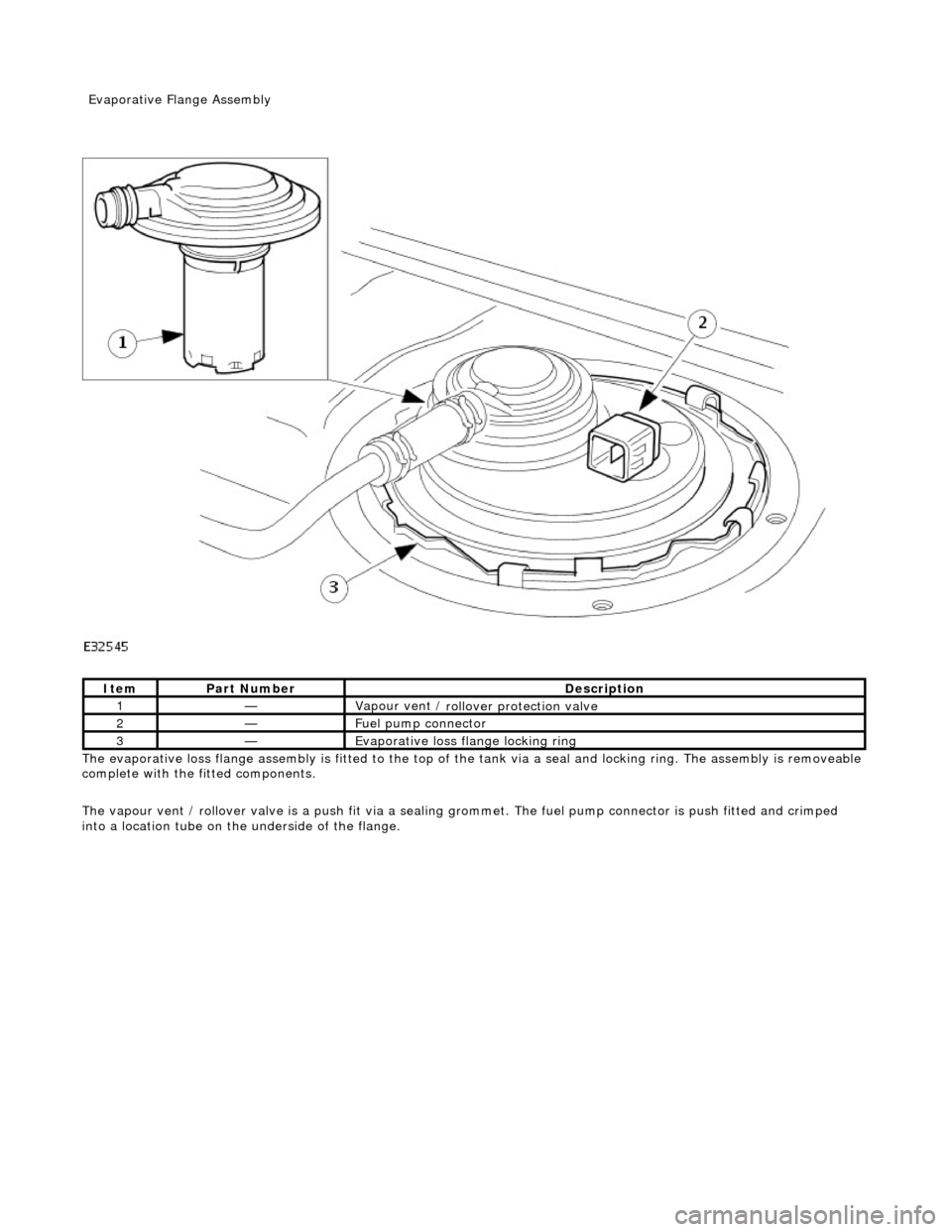 JAGUAR X308 1998 2.G Workshop Manual  
The evaporative l
 oss flange assembly is fitted to the top of the tank via a seal and locking ring. The assembly is removeable 
complete with the fitted components. 
The vapour vent / rollover valv