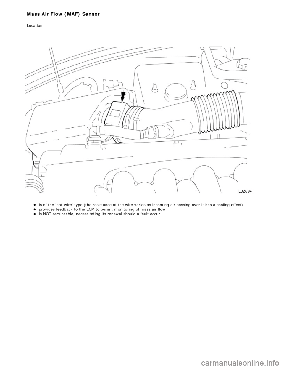 JAGUAR X308 1998 2.G Workshop Manual  
is
  of the hot-wire type (the resistan
ce of the wire varies as incoming air  passing over it has a cooling effect)  
provides f
 eedback to the ECM to perm
it monitoring of mass air flow  