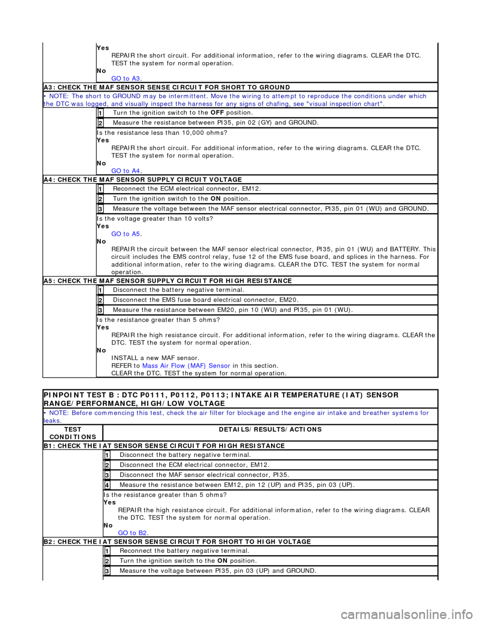 JAGUAR X308 1998 2.G Workshop Manual Yes 
R
 EPAIR the short circuit. For addi
tional information, refer to the wiring diagrams. CLEAR the DTC. 
TEST the system for normal operation. 
No  GO to A3
.  
A3: CHECK  THE MAF SENSO
 R SENS
E C