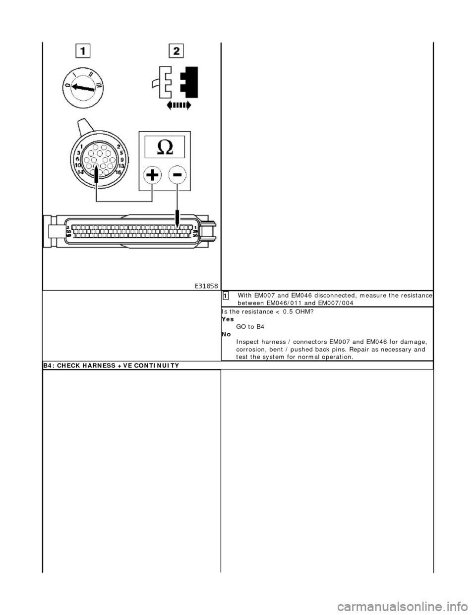 JAGUAR X308 1998 2.G Workshop Manual With EM007 and EM046 disconnected, measure the resistance between EM046/011 and EM007/004 1 
Is the resistance < 0.5 OHM? 
Yes GO to B4  
No  Inspect harness / connectors  EM007 and EM046 for damage, 