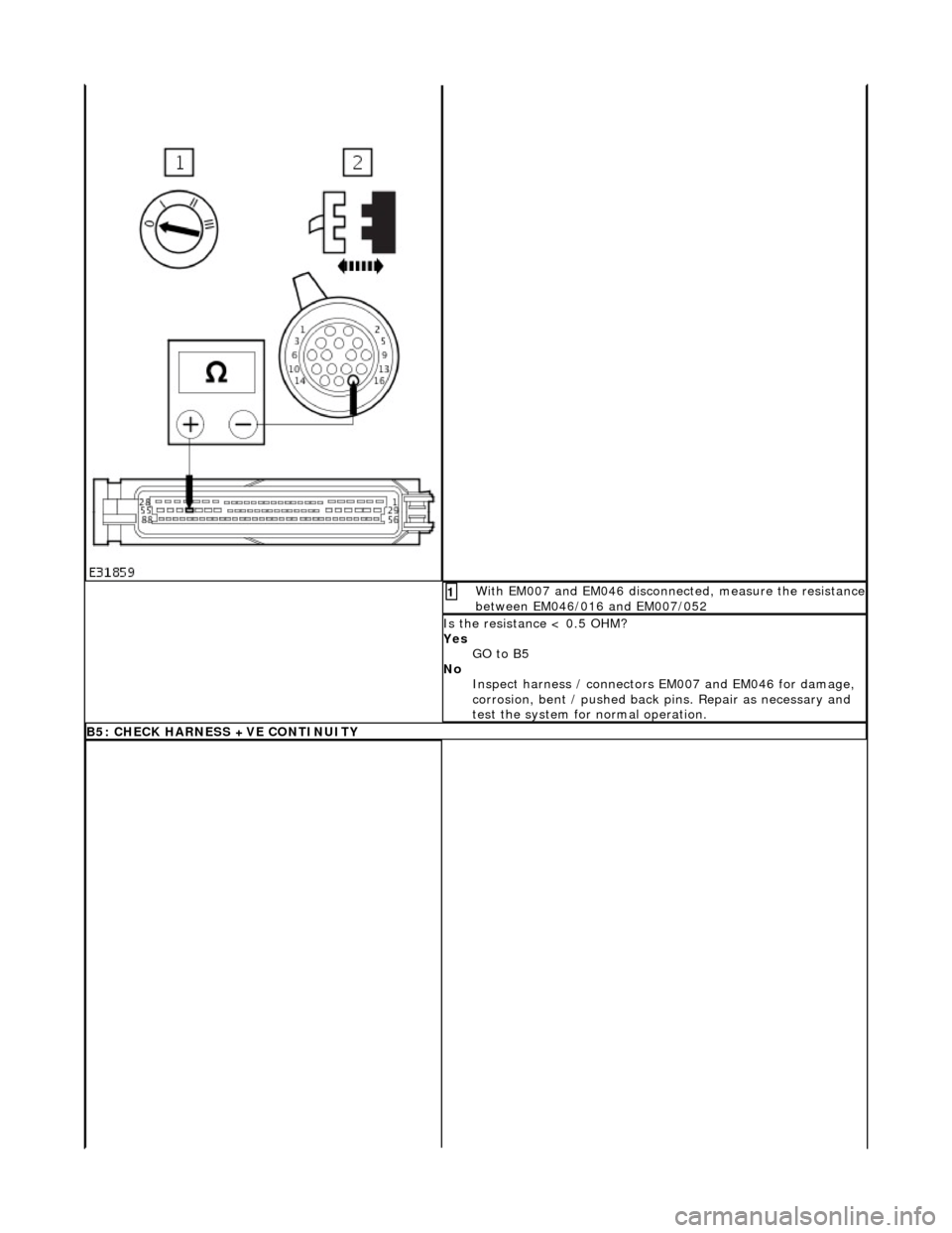 JAGUAR X308 1998 2.G Workshop Manual With EM007 and EM046 disconnected, measure the resistance between EM046/016 and EM007/052 1 
Is the resistance < 0.5 OHM? 
Yes GO to B5  
No  Inspect harness / connectors  EM007 and EM046 for damage, 
