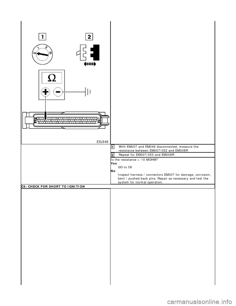 JAGUAR X308 1998 2.G Workshop Manual  With EM007 and EM046 disconnected, measure the 
resistance between EM007/052 and EM008R 1 
Repeat for EM007/053 and EM008R 2 
Is the resistance > 10 MOHM? 
Yes GO to C6  
No  Inspect harness / connec