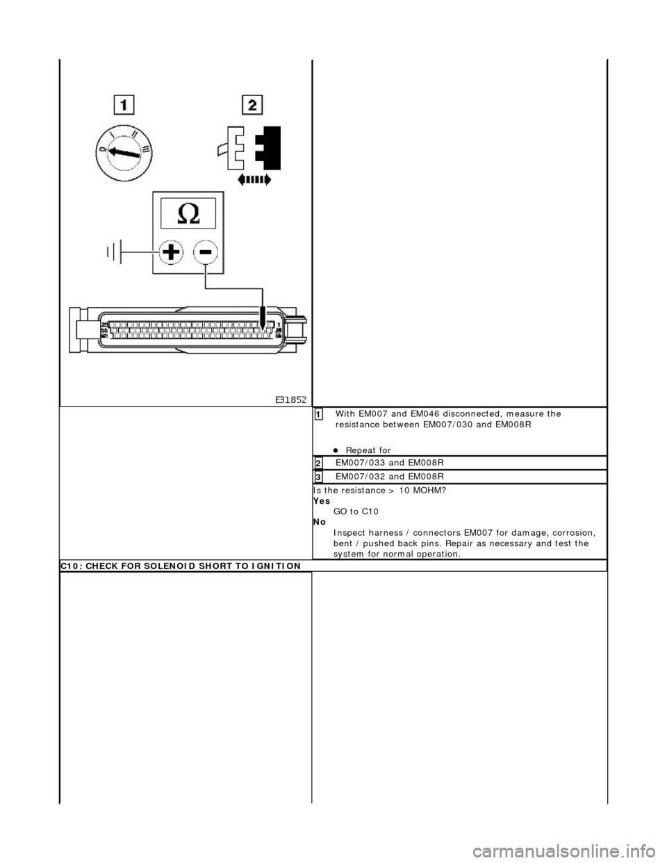 JAGUAR X308 1998 2.G Workshop Manual  With EM007 and EM046 disconnected, measure the 
resistance between EM007/030 and EM008R 
Repeat for  
1 
EM007/033 and EM008R 2 
EM007/032 and EM008R 3 
Is the resistance > 10 MOHM? 
Yes GO to C10