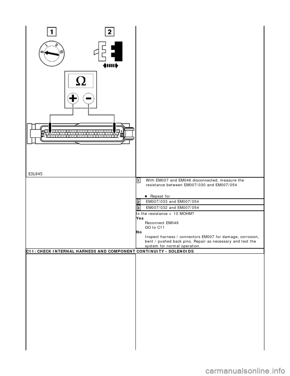 JAGUAR X308 1998 2.G Workshop Manual With EM007 and EM046 disconnected, measure the 
resistance between EM007/030 and EM007/054 
Repeat for  
1 
EM007/033 and EM007/054 2 
EM007/032 and EM007/054 3 
Is the resistance > 10 MOHM? 
Yes R