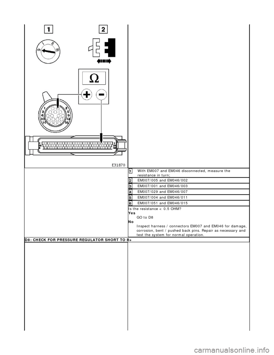 JAGUAR X308 1998 2.G Workshop Manual  With EM007 and EM046 disconnected, measure the 
resistance in turn; 1 
EM007/005 and EM046/002 2 
EM007/001 and EM046/003 3 
EM007/029 and EM046/007 4 
EM007/004 and EM046/011 5 
EM007/051 and EM046/