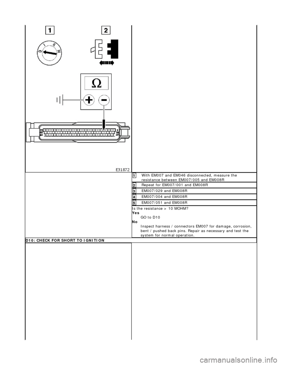 JAGUAR X308 1998 2.G Workshop Manual  With EM007 and EM046 disconnected, measure the 
resistance between EM007/005 and EM008R 1 
Repeat for EM007/001 and EM008R 2 
EM007/029 and EM008R 3 
EM007/004 and EM008R 4 
EM007/051 and EM008R 5 
I