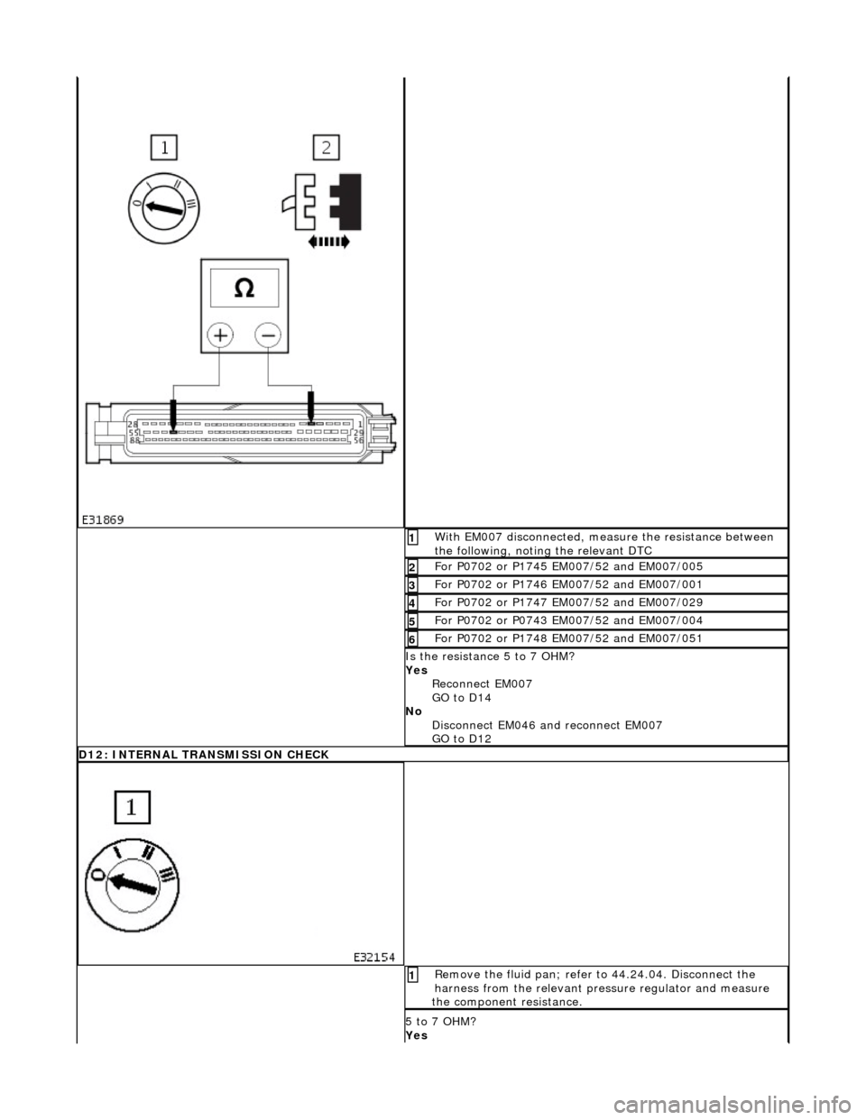 JAGUAR X308 1998 2.G Workshop Manual  With EM007 disconnected, measure the resistance between 
the following, noting the relevant DTC  1 
For P0702 or P1745 EM007/52 and EM007/005 2 
For P0702 or P1746 EM007/52 and EM007/001 3 
For P0702