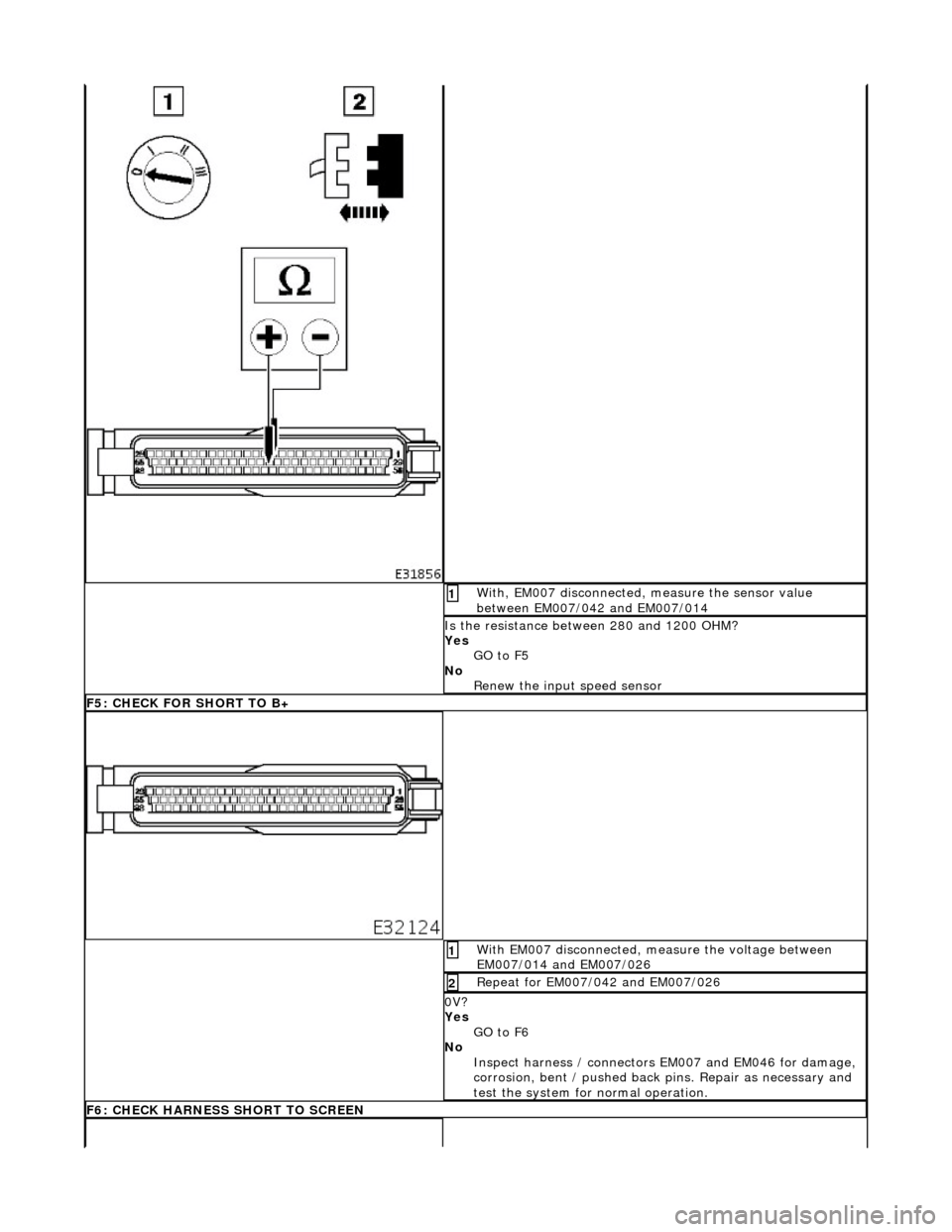 JAGUAR X308 1998 2.G Workshop Manual  With, EM007 disconnected, measure the sensor value 
between EM007/042 and EM007/014 1 
Is the resistance between 280 and 1200 OHM? 
Yes GO to F5  
No  Renew the input speed sensor 
F5: CHECK FOR SHOR