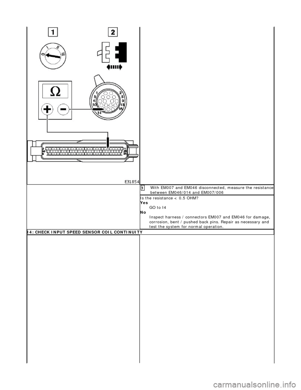 JAGUAR X308 1998 2.G Workshop Manual With EM007 and EM046 disconnected, measure the resistance between EM046/014 and EM007/006 1 
Is the resistance < 0.5 OHM? 
Yes GO to I4  
No  Inspect harness / connectors  EM007 and EM046 for damage, 