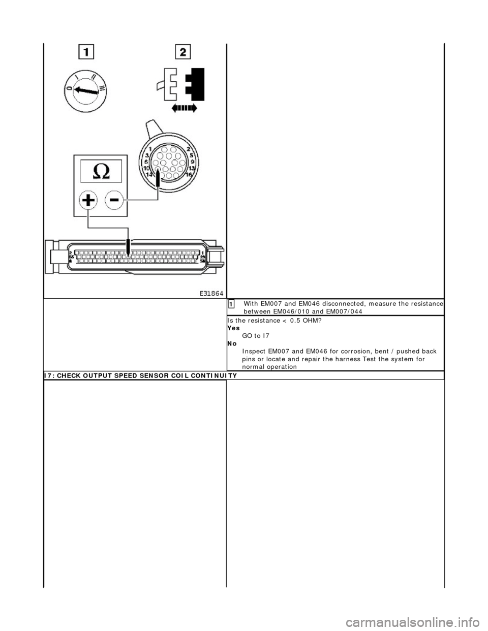 JAGUAR X308 1998 2.G Workshop Manual With EM007 and EM046 disconnected, measure the resistance between EM046/010 and EM007/044 1 
Is the resistance < 0.5 OHM? 
Yes GO to I7  
No  Inspect EM007 and EM046 for corrosion, bent / pushed back 