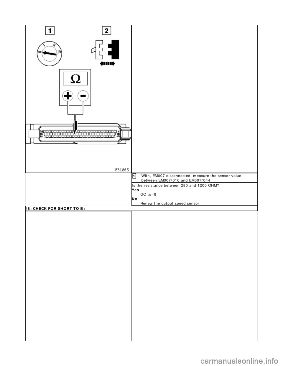 JAGUAR X308 1998 2.G Workshop Manual With, EM007 disconnected, measure the sensor value 
between EM007/016 and EM007/044 1 
Is the resistance between 280 and 1200 OHM? 
Yes GO to I8  
No  Renew the output speed sensor 
I8: CHECK FOR SHOR