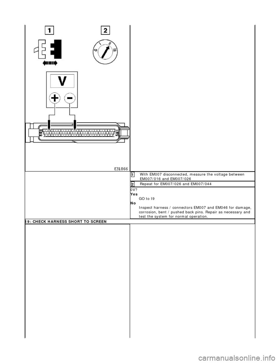 JAGUAR X308 1998 2.G Workshop Manual With EM007 disconnected, measure the voltage between 
EM007/016 and EM007/026 1 
Repeat for EM007/026 and EM007/044 2 
0V? 
Yes GO to I9  
No  Inspect harness / connectors  EM007 and EM046 for damage,