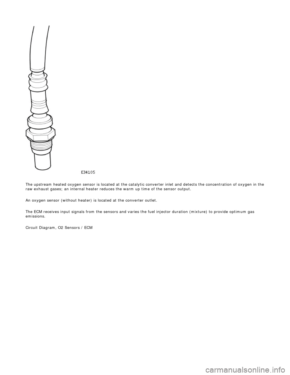 JAGUAR X308 1998 2.G Workshop Manual  
The upstream heated oxygen sensor is located at the catalytic converter inlet and detects the concentration of oxygen in the
 raw exhaust gases; an internal  heater reduces the warm up time of the s