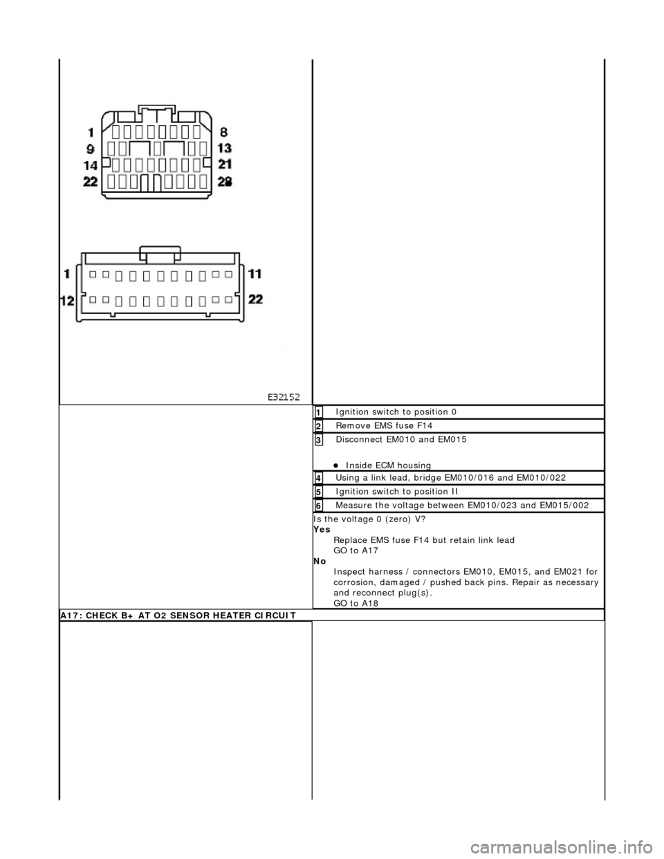 JAGUAR X308 1998 2.G Workshop Manual Ignition switch to position 0 1 
Remove EMS fuse F14 2 
Disconnect EM010 and EM015 
Inside ECM housing  
3 
Using a link lead, bridge EM010/016 and EM010/022 4 
Ignition switch to position II 5 
Me