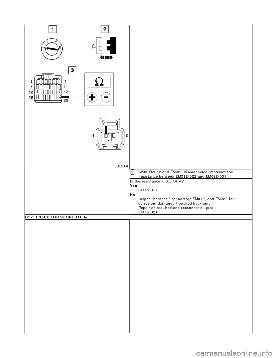 JAGUAR X308 1998 2.G Workshop Manual  With EM012 and EM022 disconnected, measure the 
resistance between EM012/022 and EM022/001. 1 
Is the resistance < 0.5 OHM? 
Yes GO to D17  
No  Inspect harness / connecto rs EM012, and EM022 for 
co