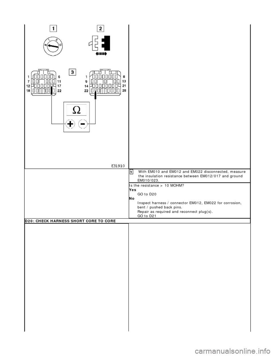 JAGUAR X308 1998 2.G Workshop Manual  With EM010 and EM012 and EM022 disconnected, measure 
the insulation resistance between EM012/017 and ground 
EM010/023. 1 
Is the resistance > 10 MOHM? 
Yes  GO to D20  
No  Inspect harness / connec
