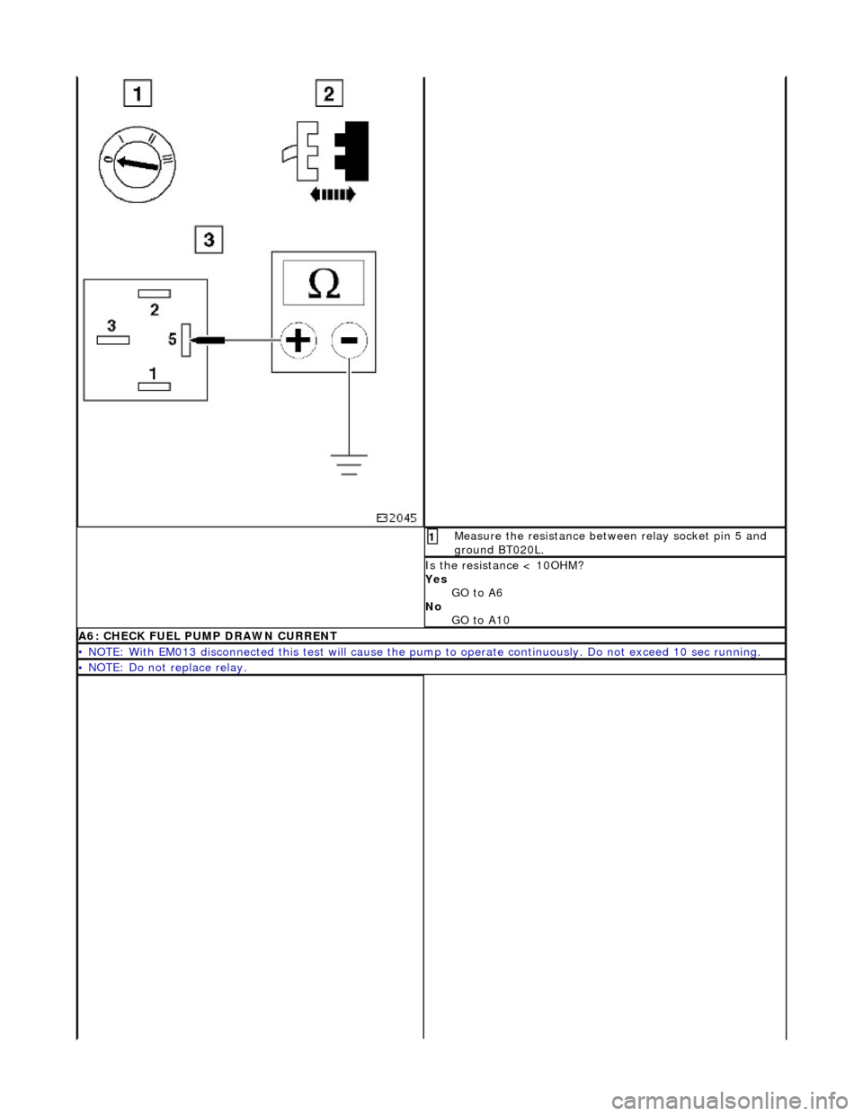 JAGUAR X308 1998 2.G Workshop Manual  Measure t
 he resistance between relay socket pin 5 and 
ground BT020L. 
1 
I s
  the resistance < 10OHM? 
Yes  GO to A6  
No  GO to A10  
A6: CHECK  FUEL 
 PUMP DRAWN CURRENT
• 
NOTE
 : With EM013