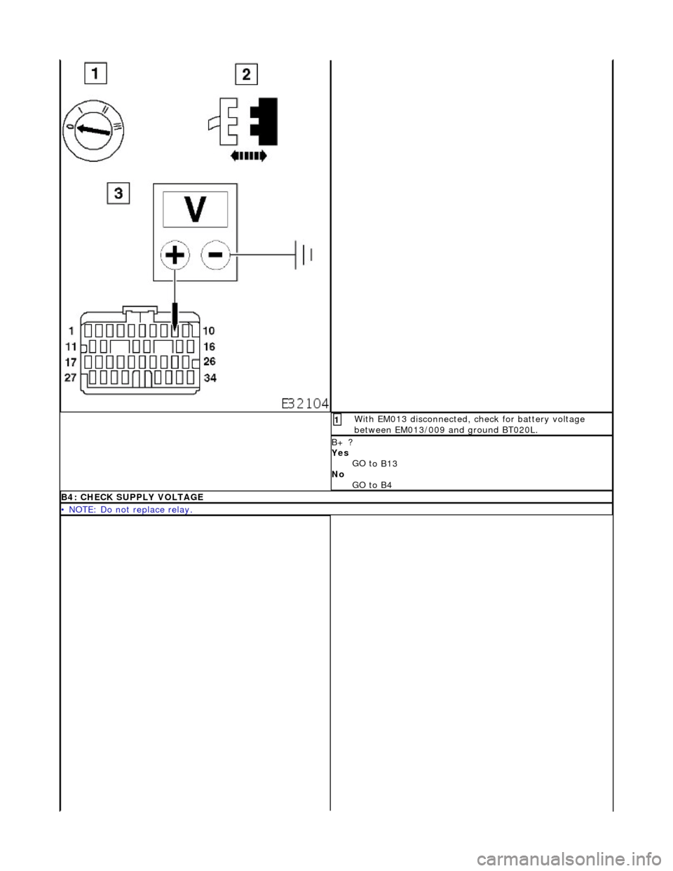 JAGUAR X308 1998 2.G Workshop Manual  Wi
 th EM013 disconnected, check for battery voltage 
between EM013/009 and ground BT020L. 
1 
B+ ? 
Yes  
GO t
 o B13  
No  GO to B4  
B4: CHECK
  SUPPLY VOLTAGE
•
 
 NOTE: Do not replace relay. 
