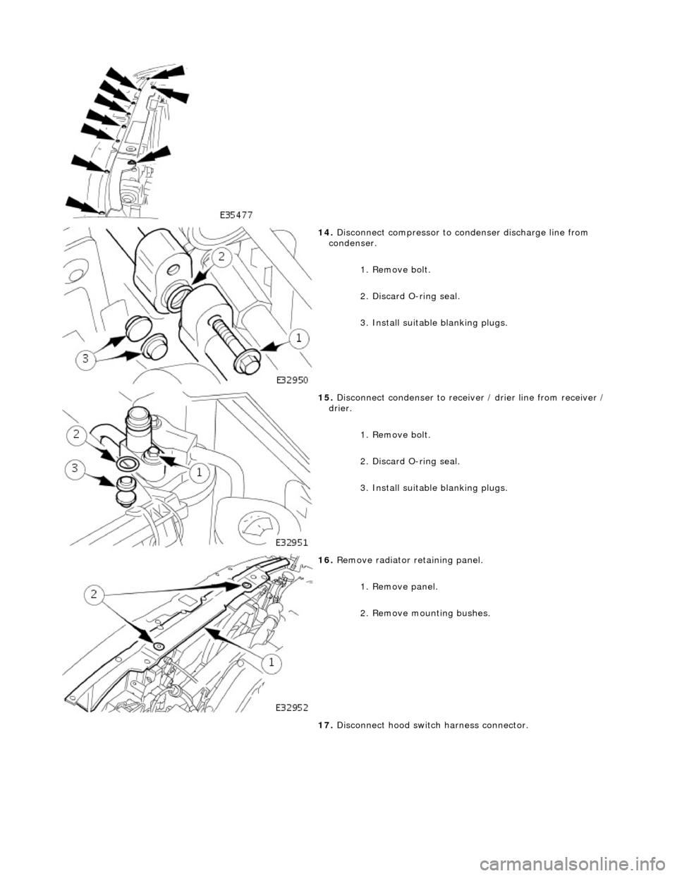 JAGUAR X308 1998 2.G Workshop Manual  
 
14. Disconnect compressor to condenser discharge line from 
condenser. 
1. Remove bolt. 
2. Discard O-ring seal. 
3. Install suitable blanking plugs. 
 
15. Disconnect condenser to receiver  / dri