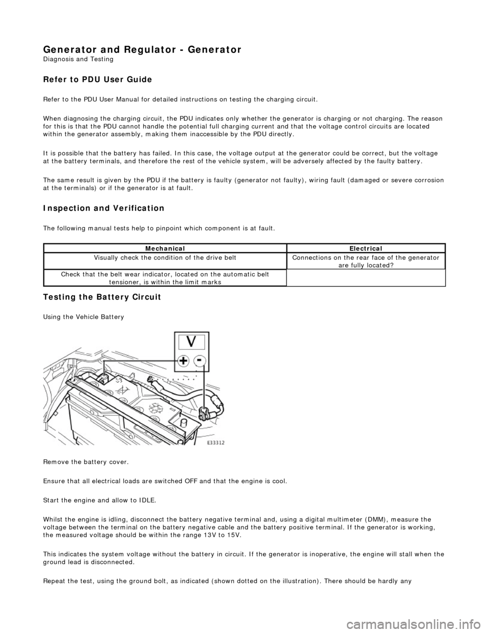 JAGUAR X308 1998 2.G Workshop Manual Generator and Regulator - Generator 
Diagnosis and Testing 
Refer to PDU User Guide 
Refer to the PDU User Manual for detailed instructions on testing the charging circuit. 
When diagnosing the chargi