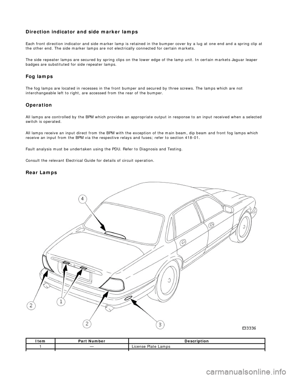 JAGUAR X308 1998 2.G Workshop Manual Direction indicator and side marker lamps
Each front direction indicator and side marker lamp is retained in the bumper cover by a lug at one end and a spring clip at
the other end. The side marker JAGUAR X308 1998 2.G Workshop Manual Direction indicator and side marker lamps
Each front direction indicator and side marker lamp is retained in the bumper cover by a lug at one end and a spring clip at
the other end. The side marker