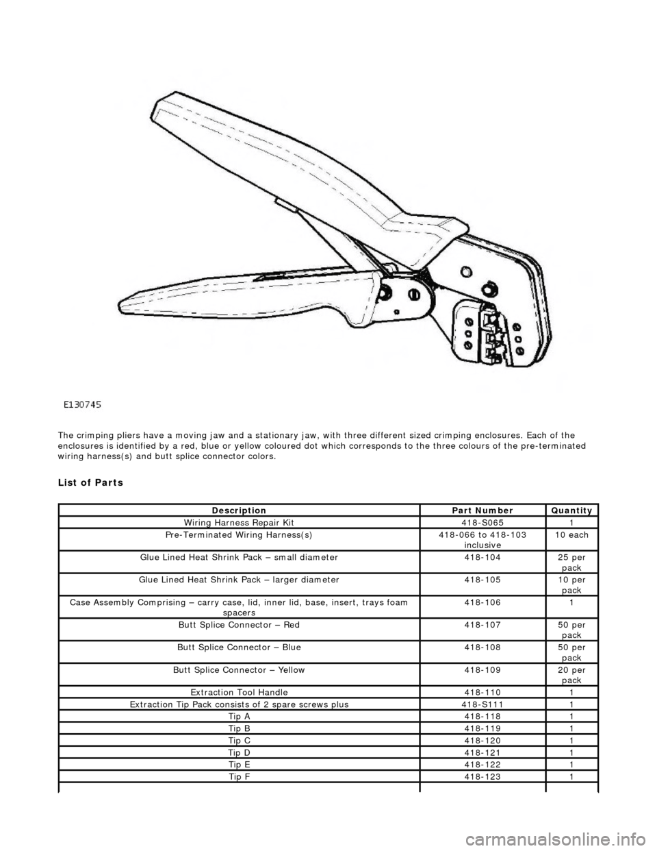 JAGUAR X308 1998 2.G Workshop Manual The crimping pliers have a moving jaw and a stationary jaw, with three different sized crimping enclosures. Each of the 
enclosures is identified by a  red, blue or yellow coloured dot which correspon