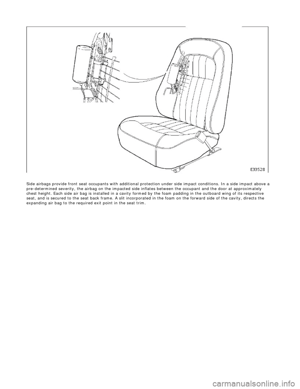 JAGUAR X308 1998 2.G Workshop Manual  
Side airbags provide front seat occupants with additional protection under side impa ct conditions. In a side impact above a 
pre-determined severity, the ai rbag on the impacted side inflates betwe