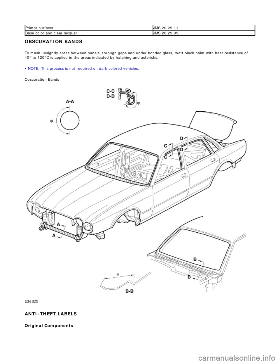 JAGUAR X308 1998 2.G Workshop Manual OBSCURATION BANDS 
To mask unsightly areas between panels, through gaps and under bonded glass, matt black paint with heat resistance of 
40° to 120°C is applied in the areas indicated by hatching a