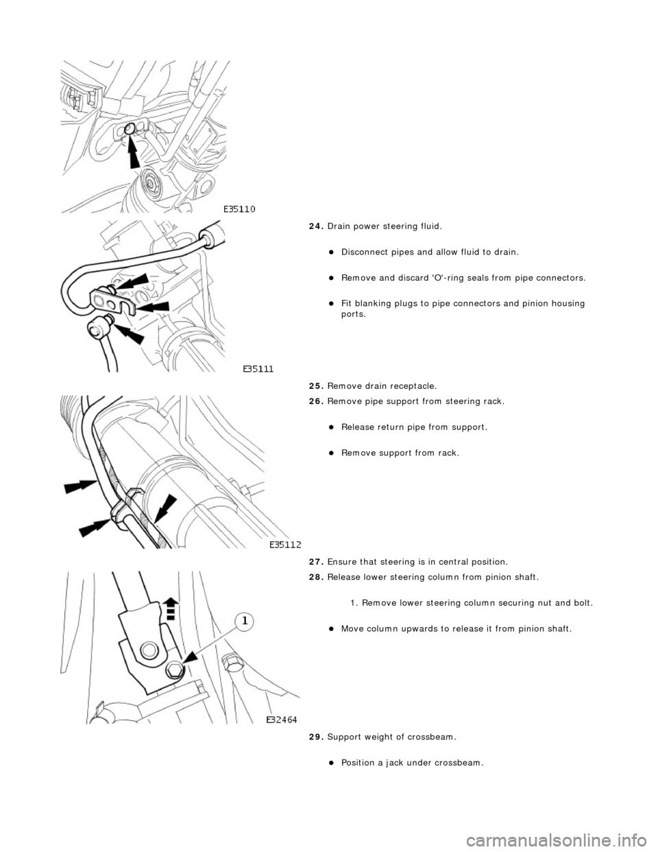 JAGUAR X308 1998 2.G Workshop Manual  
 
24. Drain power steering fluid. 
Disconnect pipes and al low fluid to drain.  
Remove and discard O-ring  seals from pipe connectors.  
Fit blanking plugs to pipe connectors and pinion 
