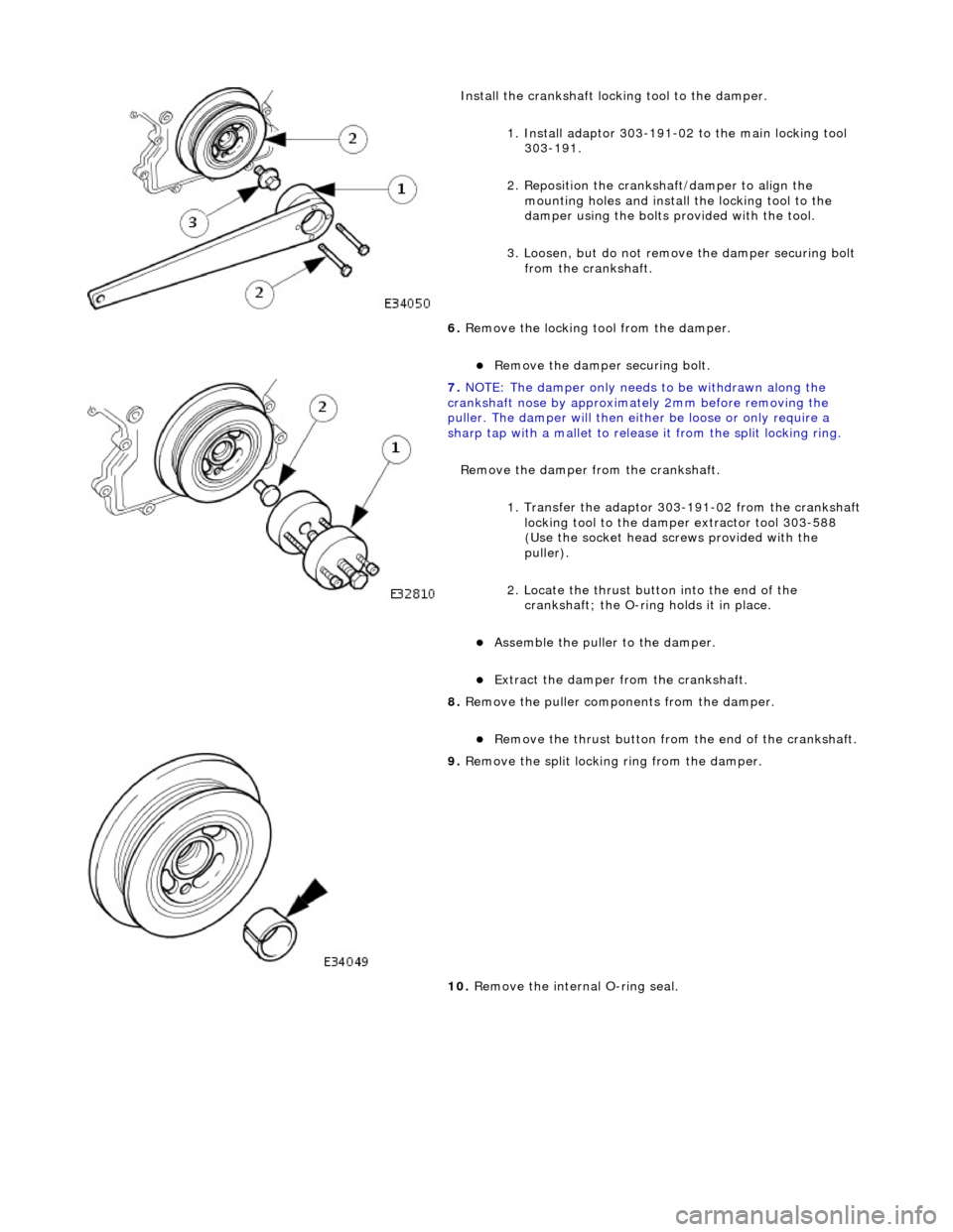 JAGUAR X308 1998 2.G Workshop Manual
Instal
l the crankshaft locking tool to the damper.
1. Install adaptor 303-191-02 to the main locking tool 303-191.
2. Reposition the cranks haft/damper to align the
mounting holes and install t JAGUAR X308 1998 2.G Workshop Manual
Instal
l the crankshaft locking tool to the damper.
1. Install adaptor 303-191-02 to the main locking tool 303-191.
2. Reposition the cranks haft/damper to align the
mounting holes and install t