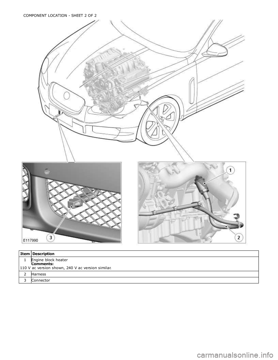 JAGUAR XFR 2010 1.G Workshop Manual 1 Engine block heater Comments: 
110 V ac version shown, 240 V ac version similar. 2 Harness 3 Connector COMPONENT LOCATION - SHEET 2 OF 2  