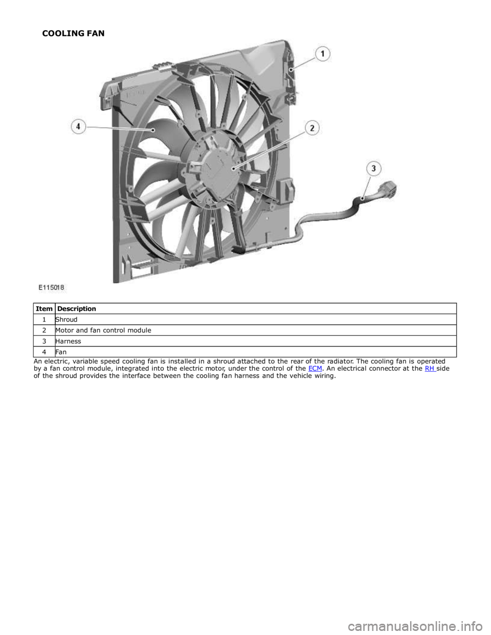 JAGUAR XFR 2010 1.G Workshop Manual 1 Shroud 2 Motor and fan control module 3 Harness 4 Fan An electric, variable speed cooling fan is installed in a shroud attached to the rear of the radiator. The cooling fan is operated 
by a fan con